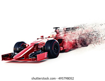 Red motor sports race car front angled view speeding on a white background with speed dispersion effect. 3d rendering