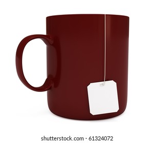 Red mug (cup) with blank teabag label, isolated on white, 3d illustration