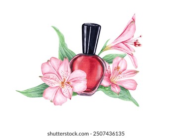 Red nail polish bottle among tropical flowers. Glass bottle with black cap. Composition in pink, red colors for beauty, manicure. Watercolor illustration for greeting, marketing - Powered by Shutterstock