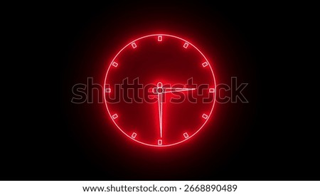 A red neon clock face glows brightly against a dark background, showing the hour and minute hands.