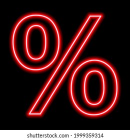 Red Neon Percent Sign On A Black Background. Finance, Business, Discount, Ratio. Illustration