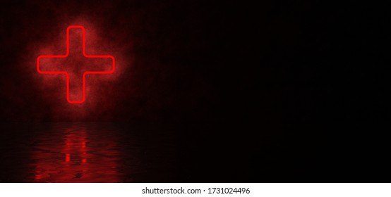 Red Neon Sign Of A Medical Cross In A Dark Space. 3D Render