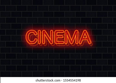 Red Neon Signage Cinema On Brick Wall Background. Bar, Club, Restaurant Advertisement. Advertisement Concept Banner, Billboard, Display Or Signboard. Interior Or Exterior Design Element, Decoration.