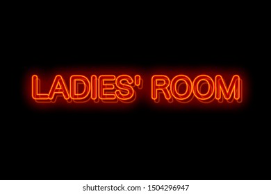 Red Neon Signage Ladies' Room On Black Background. Bar, Club, Restaurant Advertisement. Advertisement Concept Banner, Billboard, Display Or Signboard. Interior Or Exterior Design Element, Decoration.