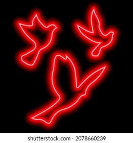 Red Neon Silhouettes Of Three Birds Flying In The Sky On Black. Freedom, Flight, Upward Movement. Illustration