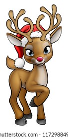 A red nosed Christmas reindeer cartoon character wearing a Santa Claus hat