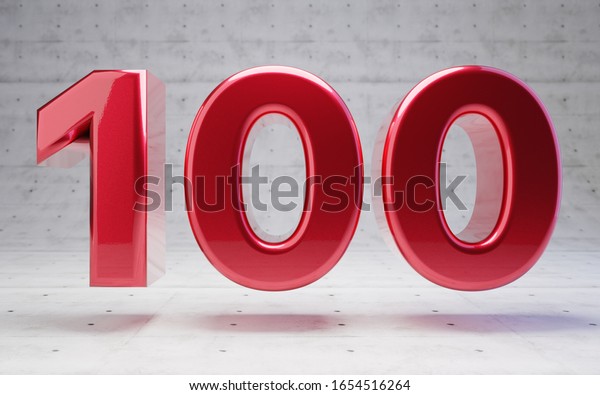 Red number 100. Metallic red\
color digit isolated on concrete background. 3D\
rendering.