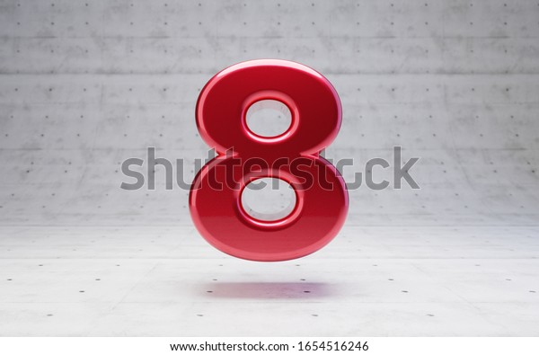 Red number 8. Metallic red color digit\
isolated on concrete background. 3D\
rendering.