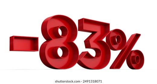Red number -83% or Minus Eighty Three Percentage isolated on white background with shadow. 3d illustration