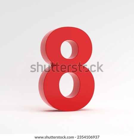 Red number eight 8 on white background. 3D render.