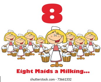 Red Number Eight And Text Over Eight Maids A Milking