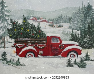 Red old christmas truck with chrismas trees driving through a snowy poetic winter landscape. Acrylic painting.