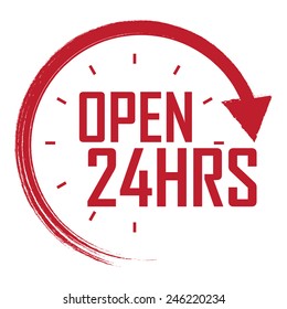 Red Open 24hrs Sticker, Badge, Icon, Stamp, Label, Banner, Sign  Isolated On White 