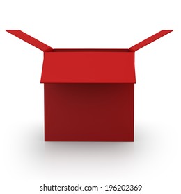 Red Open Box From Front Isolated. 3d Render