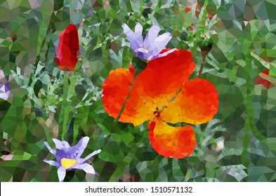 Red And Orange California Poppy Rendered With Low Poly Illustrative Effects