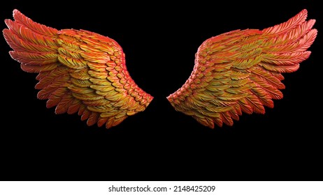 Red   orange gradient patterned wings under black lighting background  Concept image free activity  decision without regret   strategic action  3D CG  3D illustration 