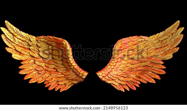 Red and\
orange gradient patterned wings under black lighting background.\
Concept image of free activity, decision without regret and\
strategic action. 3D CG. 3D\
illustration.