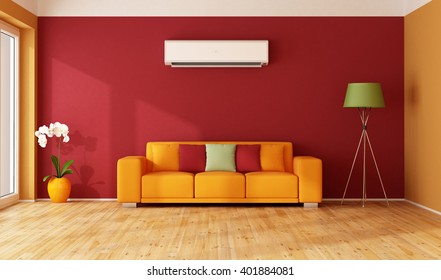 Red and  orange living room with colorful sofa and air conditioner - 3D Rendering