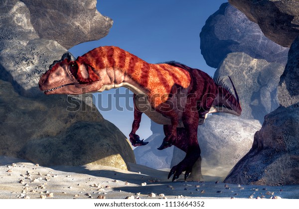 A Red And Orange Striped Allosaurus A Jurassic Era Predator Emerges From A Narrow Rocky