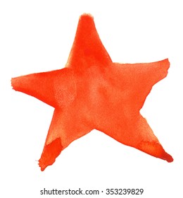 Red orange watercolor five pointed star symbol isolated