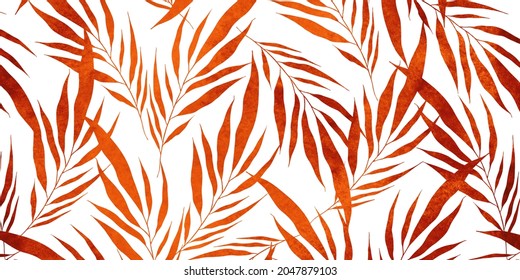 Red And Orange Watercolor Leaves Of Palm Tree On White Background. Abstract Nature Wallpaper. Autumn Dry Leaf Pattern. Hand Draw Branches, Leafy Botanical Modern Art