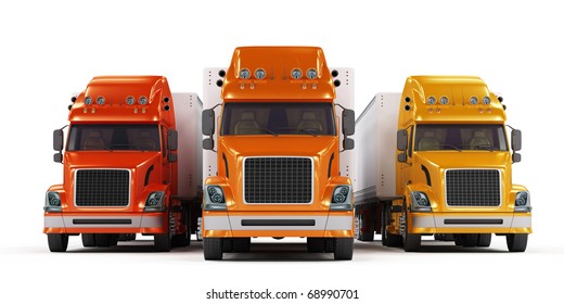 Red, orange and yellow trucks isolated on white background