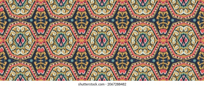 Red Ornament Carpet. Navy Blue, Magenta And White Blots. Wool Indian Effect. Graphic Shawl Decor Grunge Texture. Tribal Ikat Carpet. Ikat Seamless Background.