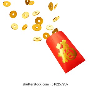 Red packet with gold coins isolated on white, Chinese calligraphy "FU" (Foreign text means Prosperity) - 3D Rendering