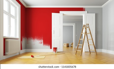 Red Paint Wall During Renovation In A Large Empty Room (3D Rendering)