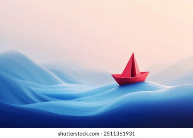 A red paper boat is sailing through the ocean waves, symbolizing the struggle and never giving up, minimalist illustration - Powered by Shutterstock