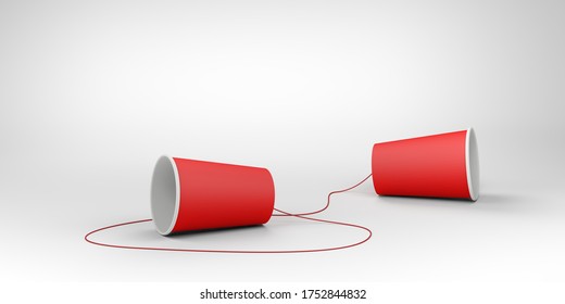 Red paper cups and non-stretchable string. Speech-transmitting device. 3d illustration.