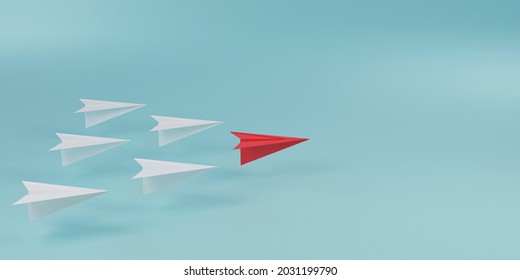 Red Paper Plane In Front Of White Paper Plane On Blue Background For Leadership Concept By 3d Render. 