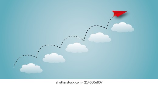 Red paper plane rising step up the cloud as metaphor for business and financial growth, Success and financial developing, Success in business growth concept. copy space. paper cut design style.