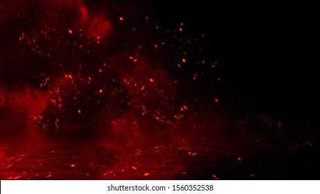 Red particles embers with reflection in water. Design texture for banner,flyer,card and poster . - Powered by Shutterstock