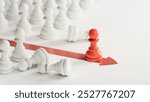 RED pawn beating competition over white background. Standing out from the crowd. Business strategy, outsider becoming the leader.3D rendering on white background.
