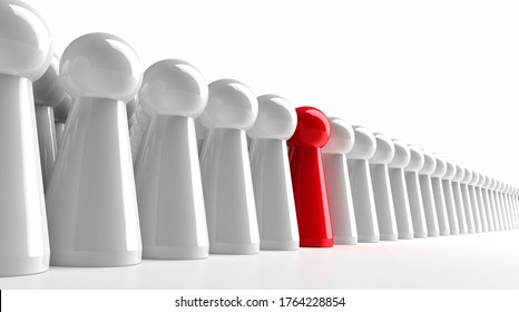 Red pawn in a large group of white figures - 3D illustration
