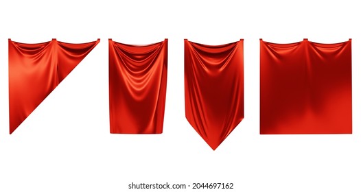 Red pennant flags mockup, medieval hanging textile pennons different shapes, 3d render. Realistic set blank vertical banners of flowing silk fabrics isolated on white background