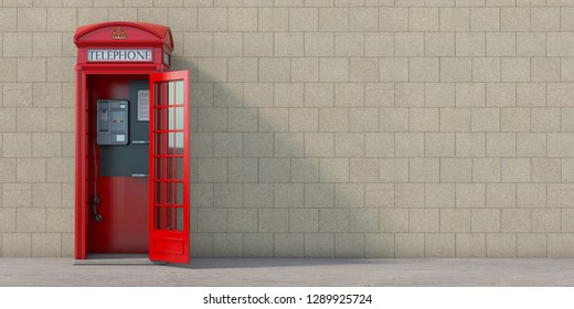 Red phone booth with hanging receiver on wall background. London, british and english symbol. Anonymous call concept. 3d illustration