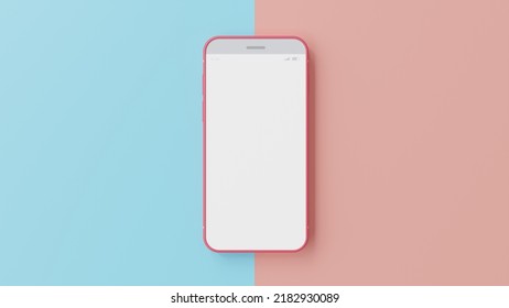 Red Phone Mock-up On Blue And Pink Background. Designed In Pastel Tone. 3D Render.