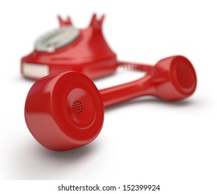 Red Phone On White Background With Focus On The Speaker.