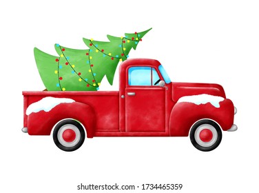 Red pickup truck and christmas tree isolated white background