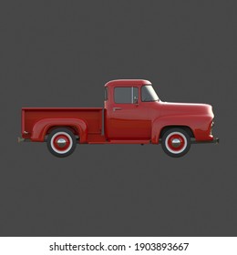 Red Pickup Truck On Gray Background. Side View. 3rd Render.