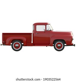 Red Pickup Truck On Isolated Background. Side View. 3rd Render.