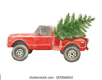 
Red pickup watercolor illustration  Christmas tree by car  Christmas card  Christmas greetings 