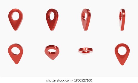 Red Pin, Location Map Pointer Set On White Background, Marker Symbols, Gps Concept, Set With Clipping Path. 3D Illustration.