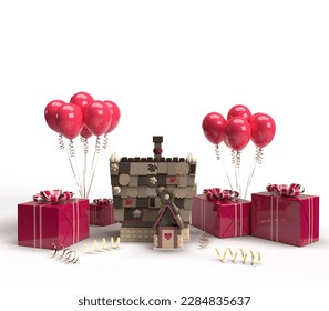 red pink color balloon gift home house party bow golden family parent relationship father mother son sweet home happy together celebration anniversary cake event concept summer business.3d render - Powered by Shutterstock