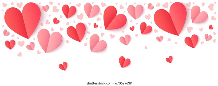 Red and pink folded paper hearts with shadow, Valentines Day border