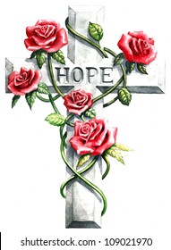 Red And Pink Watercolor Roses With Green Vines On A Stone Cross With A Carved Inspirational Quote Of Hope In An Religious Illustration For Funeral Sympathy Cards Or Christian Church Bulletin Designs.