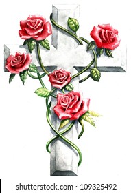 Red And Pink Watercolor Roses With Green Vines On A Gray Stone Cross Illustration That Is An Inspirational Religious Symbol For Funeral Sympathy Cards Or Christian Church Bulletin Designs.