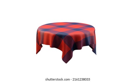 Red Plaid Tablecloth On Round Table Isolated White Background. 3d Rendering.